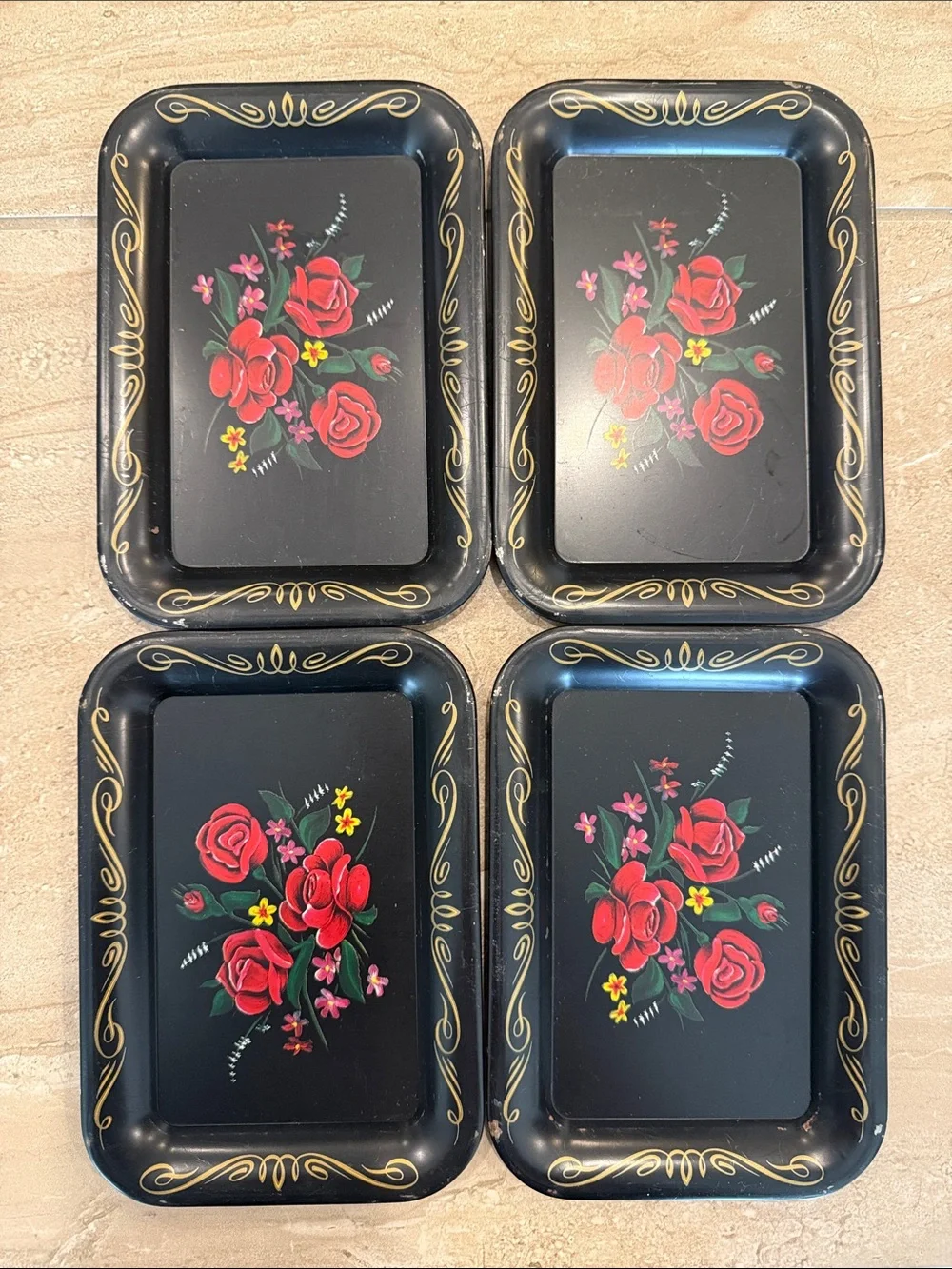 Small Vintage Black Floral Metal Serving Trays - Set of 4